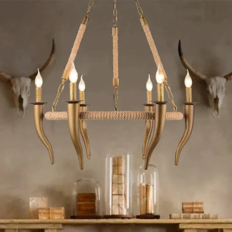 Rustic Wrapped Wagon Wheel Ceiling Pendant 3/6-Light Khaki Metallic Chandelier Light With Ox Horn
