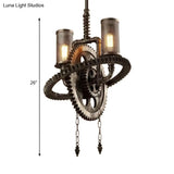 Rustic Wrought Iron Bronze Chandelier With Gear-Inspired Design - 2 Lights And Cylinder Mesh Shade