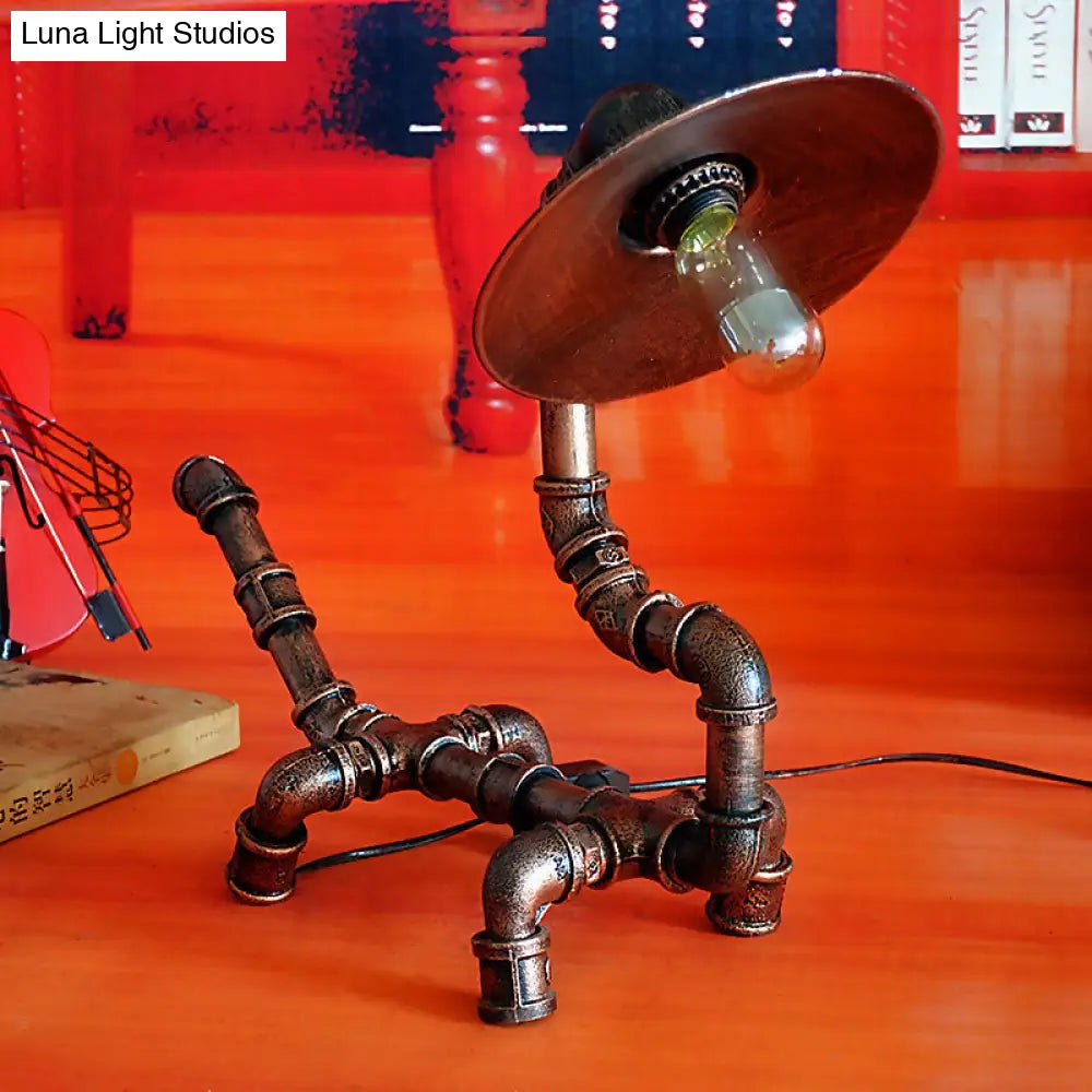 Rustic Wrought Iron Dog Shaped Table Lamp With Industrial Pipe Design - 1 Light Flat Shade Perfect
