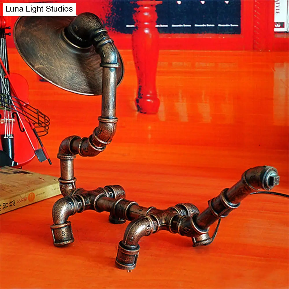 Rustic Wrought Iron Dog Shaped Table Lamp With Industrial Pipe Design - 1 Light Flat Shade Perfect