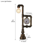 Rustic Wrought Iron Water Pipe Table Lamp With Clock - Brass 1 Head Light