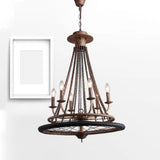 Rustic Wrought Iron Wheel Chandelier - Farmhouse Style Indoor Ceiling Lamp With 6 Lights Candle And