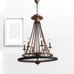 Rustic Wrought Iron Wheel Chandelier - Farmhouse Style Indoor Ceiling Lamp With 6 Lights Candle And