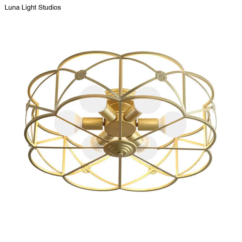 Scalloped Cage Iron Gold Flush Mount With 6 Bulbs - Stylish Colonial Ceiling Light Fixture For