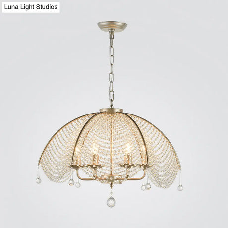 Scalloped Crystal Chandelier Lamp: Countryside Brass Pendant Light Perfect For Dining Room