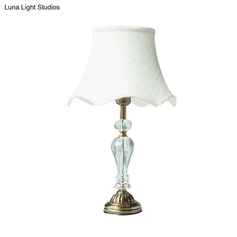 Scalloped Fabric White Nightstand Lamp With Crystal Accent - Elegant Single Bulb Night Light