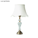 Scalloped Fabric White Nightstand Lamp With Crystal Accent - Elegant Single Bulb Night Light