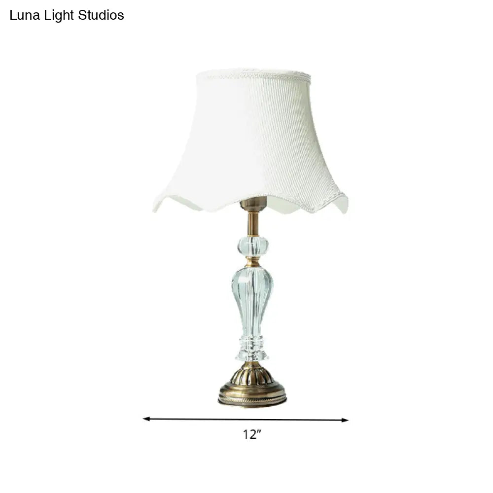Scalloped Fabric White Nightstand Lamp With Crystal Accent - Elegant Single Bulb Night Light