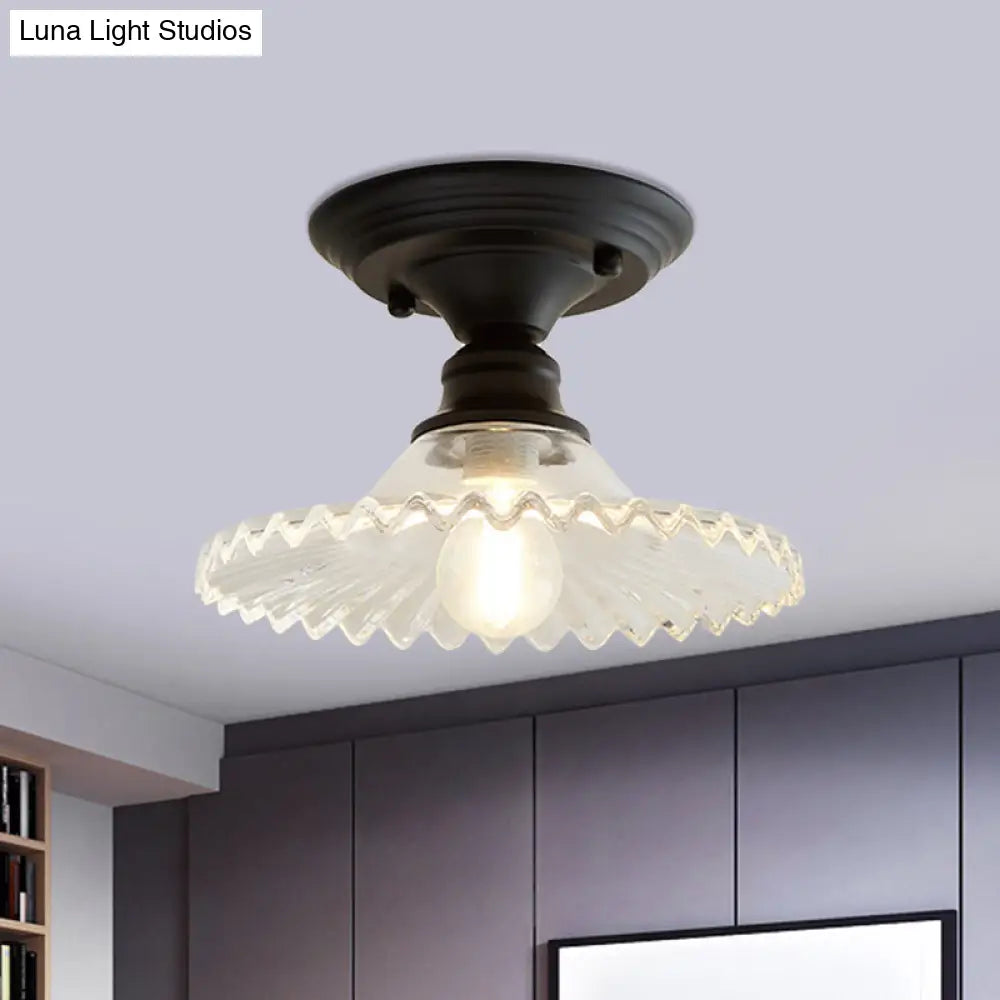 Scalloped Semi Flush Industrial Clear/Green Ribbed Glass Lighting Fixture For Indoor Spaces - One