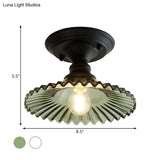 Scalloped Semi Flush Industrial Clear/Green Ribbed Glass Lighting Fixture For Indoor Spaces - One