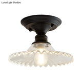 Scalloped Semi Flush Industrial Clear/Green Ribbed Glass Lighting Fixture For Indoor Spaces - One