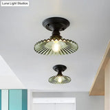Scalloped Semi Flush Industrial Clear/Green Ribbed Glass Lighting Fixture For Indoor Spaces - One