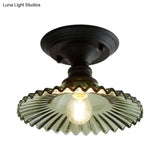 Scalloped Semi Flush Industrial Clear/Green Ribbed Glass Lighting Fixture For Indoor Spaces - One