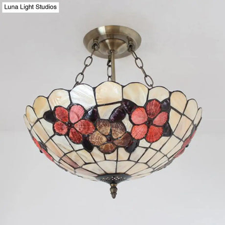 Scalloped Shade Semi Flush Stained Glass Ceiling Light Retro Style 12’/16’/20.5’ W