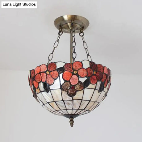 Scalloped Shade Semi Flush Stained Glass Ceiling Light Retro Style 12’/16’/20.5’ W