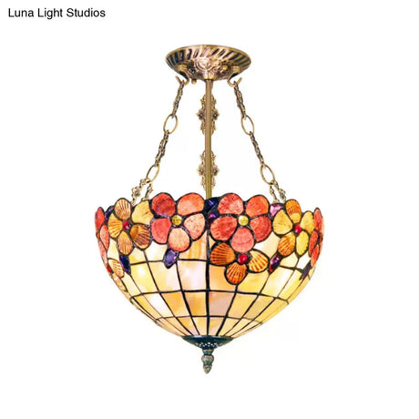 Scalloped Shade Semi Flush Stained Glass Ceiling Light Retro Style 12’/16’/20.5’ W