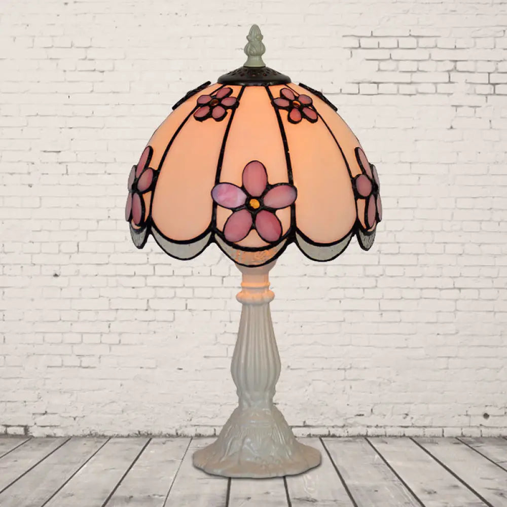 Scalloped-Trim Dome Tiffany Glass Table Lamp With Night Light - White/Coffee Flower Pattern White