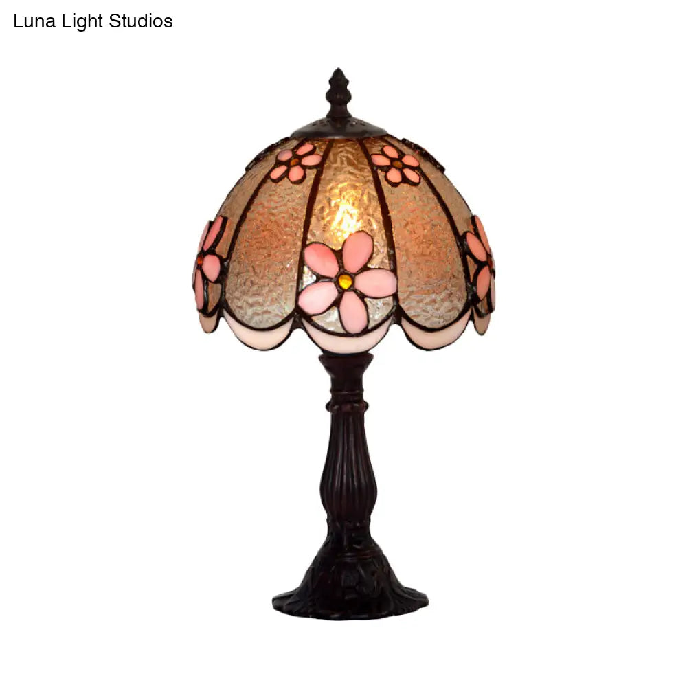 Scalloped-Trim Dome Tiffany Glass Table Lamp With Night Light - White/Coffee Flower Pattern
