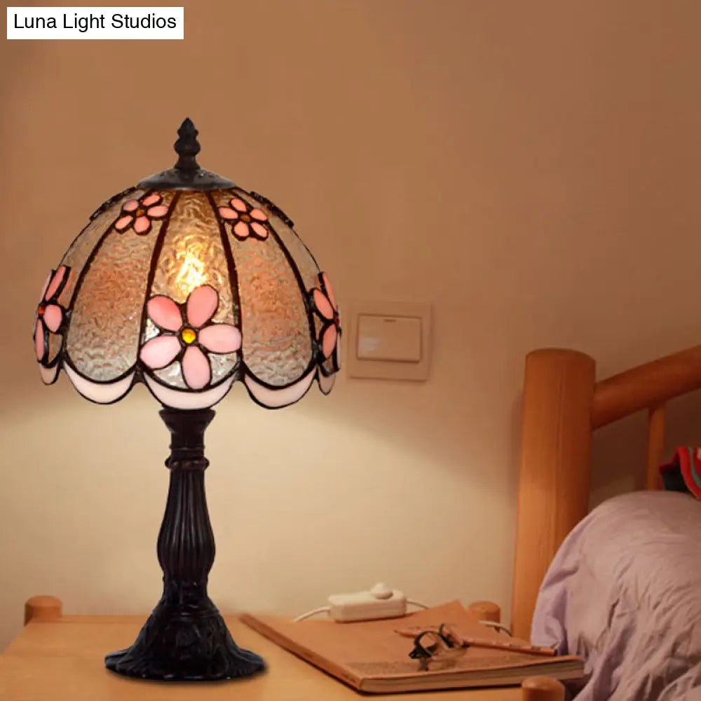 Scalloped-Trim Dome Tiffany Glass Table Lamp With Night Light - White/Coffee Flower Pattern