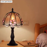 Scalloped-Trim Dome Tiffany Glass Table Lamp With Night Light - White/Coffee Flower Pattern