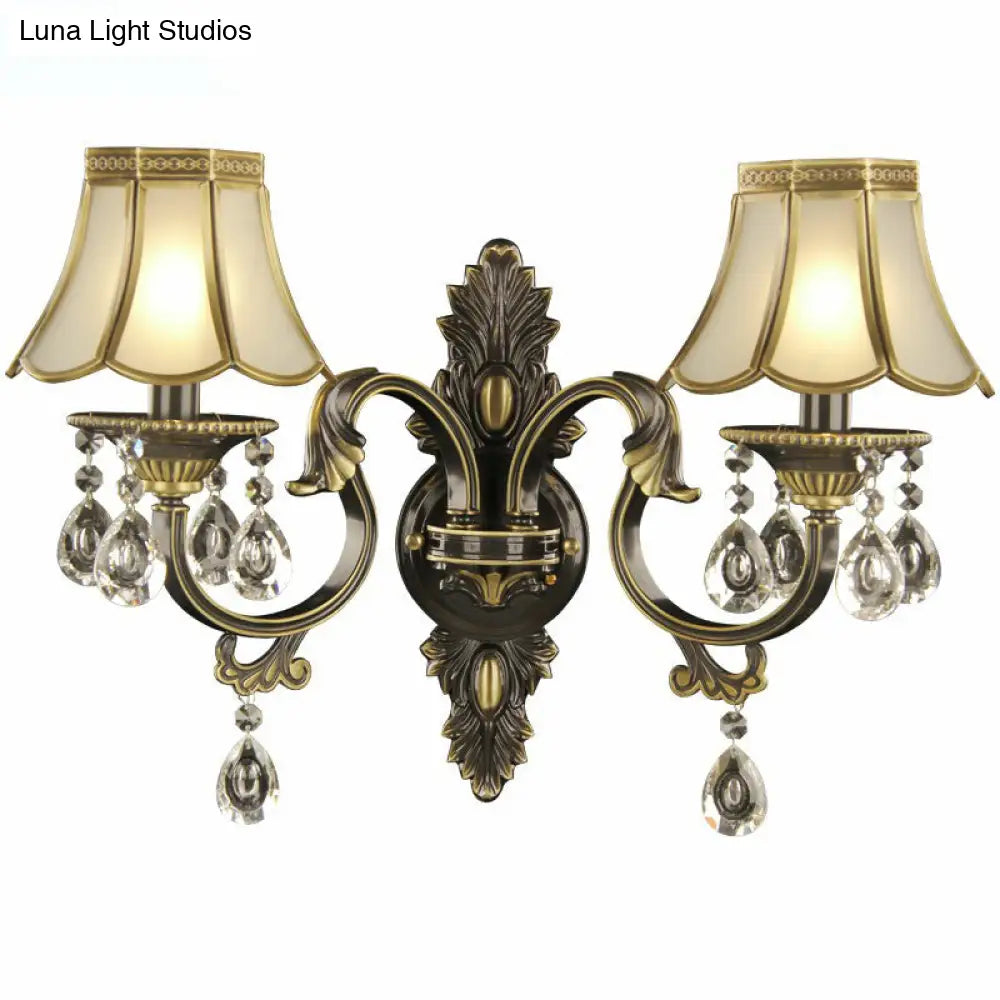 Scalloped Wall Light Traditional Gold-Black Opal Glass Sconce With Crystal Decorations (2 Heads)