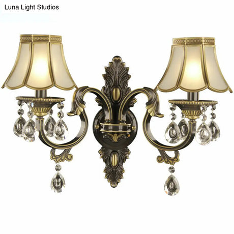 Scalloped Wall Light Traditional Gold-Black Opal Glass Sconce With Crystal Decorations (2 Heads)