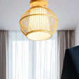 Semi Flush Asian Ceiling Light With Bamboo Shade - Wood Finish