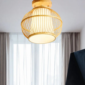 Semi Flush Asian Ceiling Light With Bamboo Shade - Wood Finish