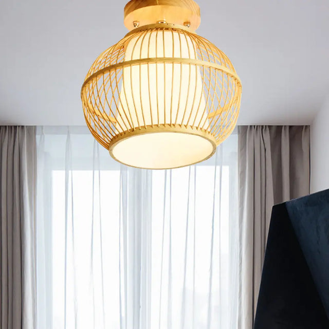 Semi Flush Asian Ceiling Light With Bamboo Shade - Wood Finish