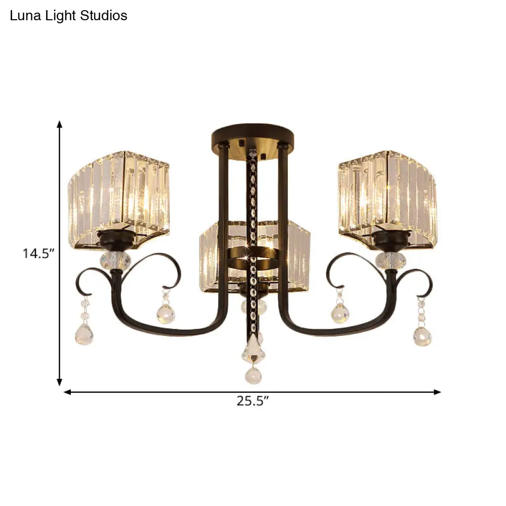 Semi Flush Black Metal Ceiling Lamp With Crystal Cuboid Shade - Swirling Arm 3/7 Heads