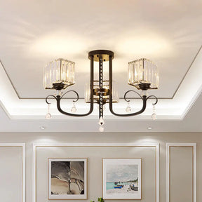 Semi Flush Black Metal Ceiling Lamp With Crystal Cuboid Shade - Swirling Arm 3/7 Heads 3 /