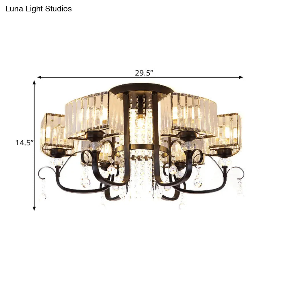 Semi Flush Black Metal Ceiling Lamp With Crystal Cuboid Shade - Swirling Arm 3/7 Heads
