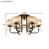 Semi Flush Black Metal Ceiling Lamp With Crystal Cuboid Shade - Swirling Arm 3/7 Heads