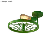 Semi-Flush Ceiling Light With Exposed Bulb Industrial Wheel Design In White/Red Metallic