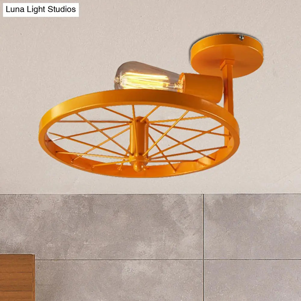 Semi-Flush Ceiling Light With Exposed Bulb Industrial Wheel Design In White/Red Metallic