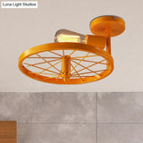 Semi-Flush Ceiling Light With Exposed Bulb Industrial Wheel Design In White/Red Metallic