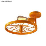 Semi-Flush Ceiling Light With Exposed Bulb Industrial Wheel Design In White/Red Metallic