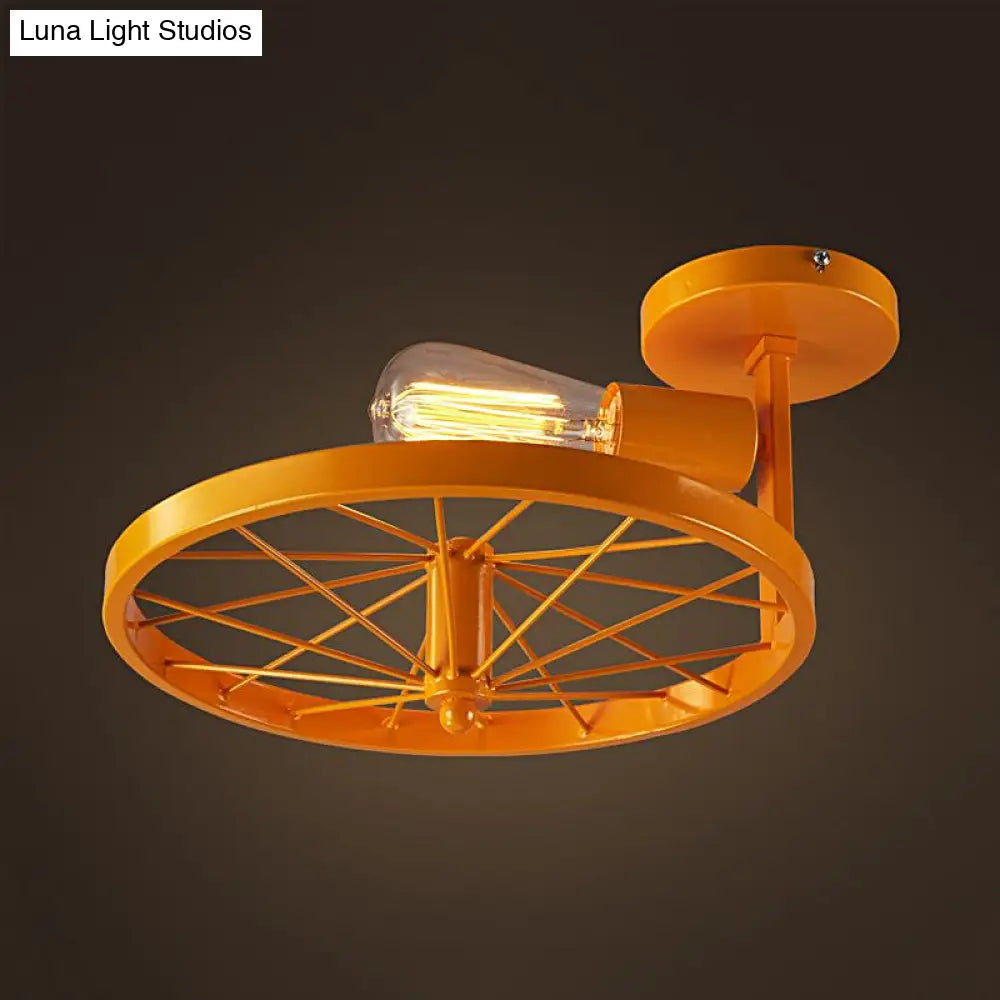 Semi-Flush Ceiling Light With Exposed Bulb Industrial Wheel Design In White/Red Metallic