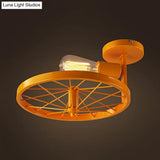Semi-Flush Ceiling Light With Exposed Bulb Industrial Wheel Design In White/Red Metallic
