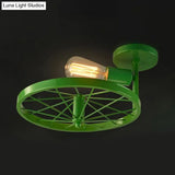 Semi-Flush Ceiling Light With Exposed Bulb Industrial Wheel Design In White/Red Metallic