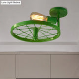 Semi-Flush Ceiling Light With Exposed Bulb Industrial Wheel Design In White/Red Metallic