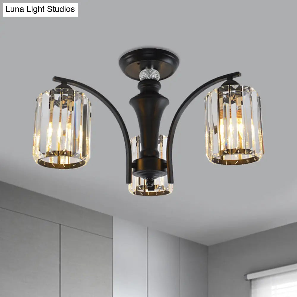 Semi Flush Clear Crystal Cylindrical Shade Light Fixture - 3/6 Bulbs Modern Design Black Ceiling