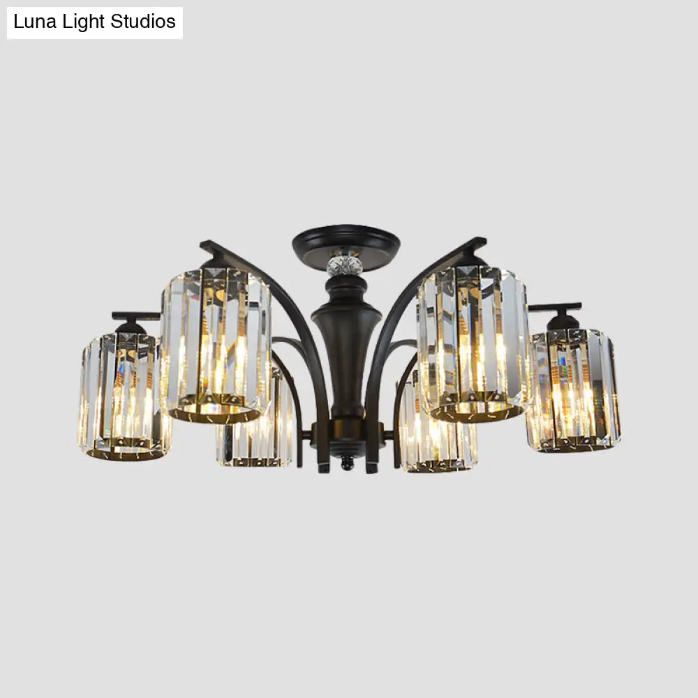 Semi Flush Clear Crystal Cylindrical Shade Light Fixture - 3/6 Bulbs Modern Design Black Ceiling