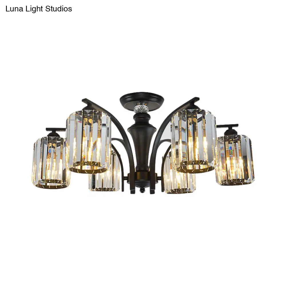 Semi Flush Clear Crystal Cylindrical Shade Light Fixture - 3/6 Bulbs Modern Design Black Ceiling