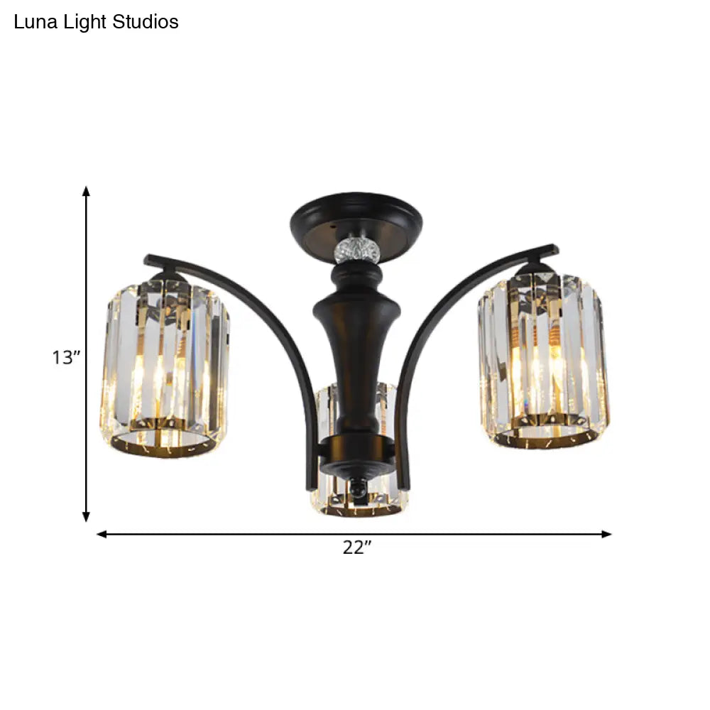 Semi Flush Clear Crystal Cylindrical Shade Light Fixture - 3/6 Bulbs Modern Design Black Ceiling