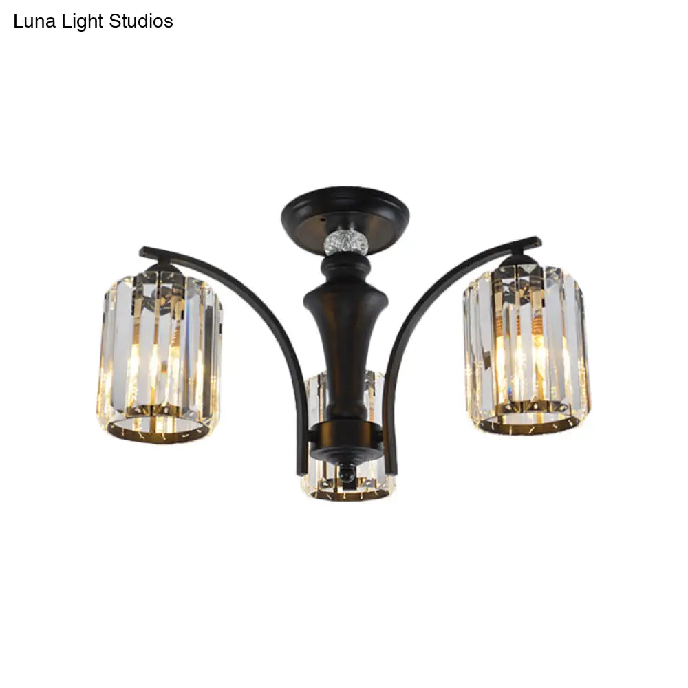 Semi Flush Clear Crystal Cylindrical Shade Light Fixture - 3/6 Bulbs Modern Design Black Ceiling