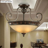 Semi Flush Corridor Ceiling Lamp With Frosted Glass Bowl Shade Traditional Brown 3-Light