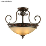 Semi Flush Corridor Ceiling Lamp With Frosted Glass Bowl Shade Traditional Brown 3-Light