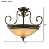 Semi Flush Corridor Ceiling Lamp With Frosted Glass Bowl Shade Traditional Brown 3-Light