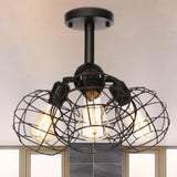 Semi Flush Industrial Black Ceiling Lighting For Living Room - 3 Heads With Wire Cage Metal Shade /